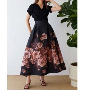 NWT Chicwish Jacquard Bewitching‎ Peony Black Floral Flare Pleated Midi Skirt L
